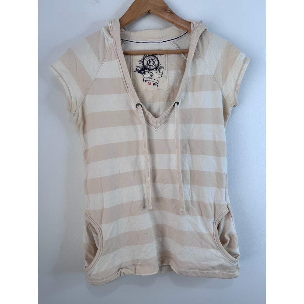 VTG Y2K GAP Womens Short Sleeve Striped Hoodie Top Cream Tan V-Neck 90s